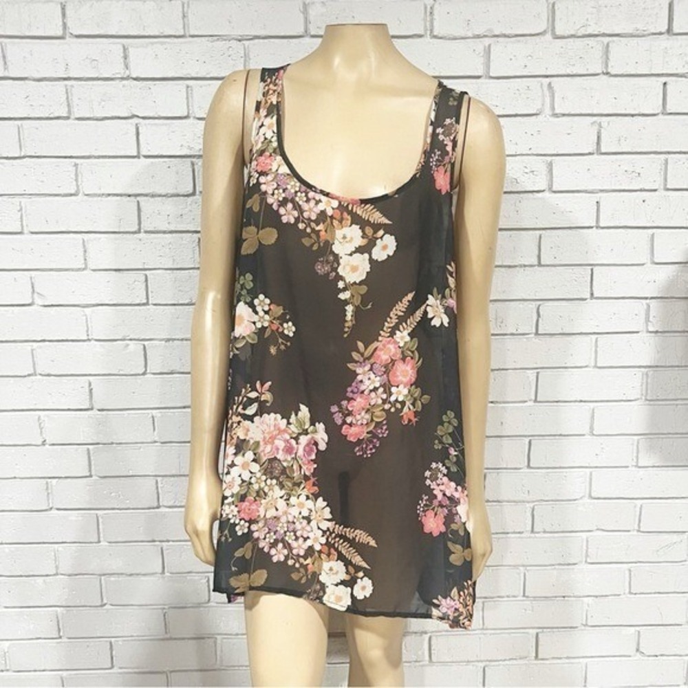 Torrid Black Floral Sheer Chiffon High-Low Tank Blouse Boho Plus 1 14/16